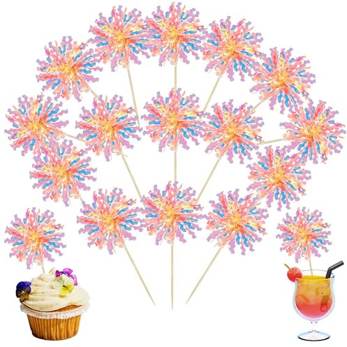 Ephlyn 30Pcs Foil Firework Cupcake Toppers Happy Birthday Cake Toppers Tinsel Flower Drink Stirrers Cocktail Food Fruit Toothpicks for Valentine's Day Party Decorations Orange