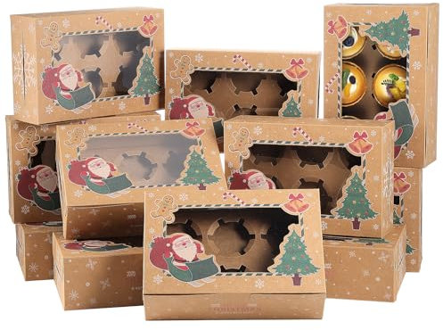 Coolty 20 Stück Cupcake Boxen 6 Löcher Karton Verpackung Boxen Bäckerei Gebäck Boxen mit Fenster und Einsätze für Cookies Muffins Cupcakes Desserts Torten (Brauner Weihnachtsstil B)