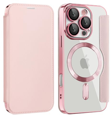 Unichthy Magnetic Phone Case for iPhone 13 Pro Flip Clear Cover，Pink | Strong Magnetic Attachment, RFID Blocking Card Holder, Shockproof PU Leather TPU Back, Individual Protection for Each Lens