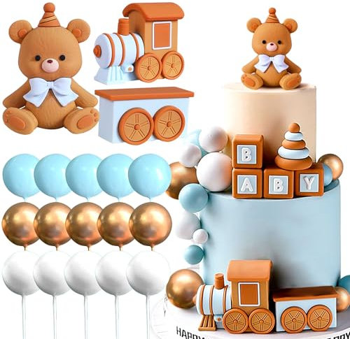 Blue Balls Bear Cake Topper Bear Baby Shower Cake Topper Bears Train Cake Decoration Baby Shower Birthday Cake Decorations