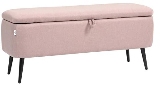 HOMCOM Puff Almacenaje Banco Almacenaje con Tapa Abatible y Patas de Acero Tapizado en Lino para Dormitorio Salón Entrada Carga 150 kg 101x38,5x44,5 cm Rosa