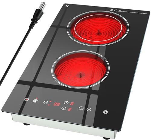 Zarbaco Electric Cooktop 2 Burner, 1800W Radiant Electric Stove Top 120V with Countertop & Built-in Design, 12 inch Touch Control Ceramic Cooktop with Safety Lock, 9 Level Power, Timer - Plug in