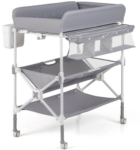 Maxmass Baby Changing Table, Height Adjustable Infant Diaper Changing Station with Wheels, Shelves, Storage Basket and Trash Bin, Foldable Newborn Nappy Table for 0-12 Months (Gray)