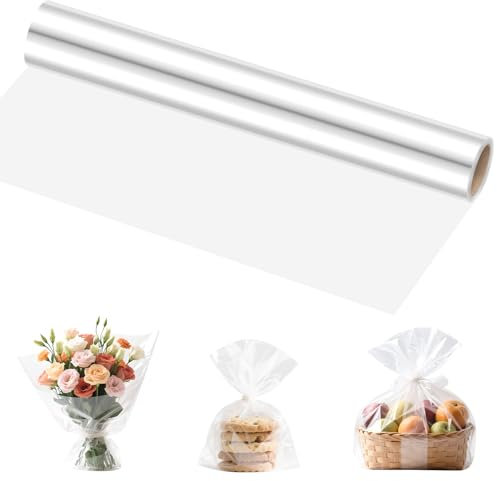 Papier Transparent Emballage, 40 cm x 30 m Papier Cadeau Transparent, Cadeau Cellophane 2,5 Mil, Rouleau de Emballage Cellophane, pour Fleurs, Artisanat, Emballage Cadeau