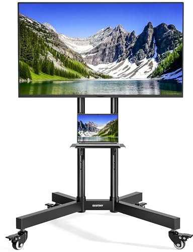 ECOTINY TV-Ständer Rollbar bis 85 kg belastbar(70 kg Fernseher + 15 kg Ablage) für 32–85 Zoll Fernseher mit Tablett, höhenverstellbar, TV-Standfuß, Max. VESA 600×400mm, Schwarz