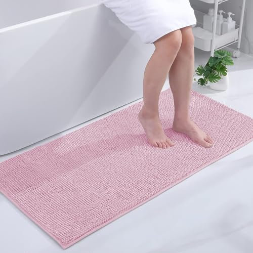 smiry Non Slip Chenille Bath Mat, 60 x 120 cm, Extra Soft Large Bathroom Mat Runner, Highly Absorbent Bath Mats for Bathroom Floor, Machine-Washable Quick Dry Foot Mat, Pink