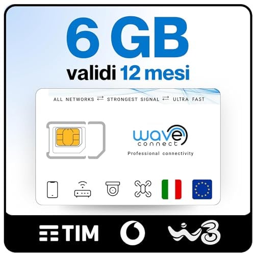 Wave Connect SIM Italia 6GB Solo Dati, 12 mesi, tripla rete nazionale | Attivazione al primo utilizzo, copertura UE, per IoT e sicurezza