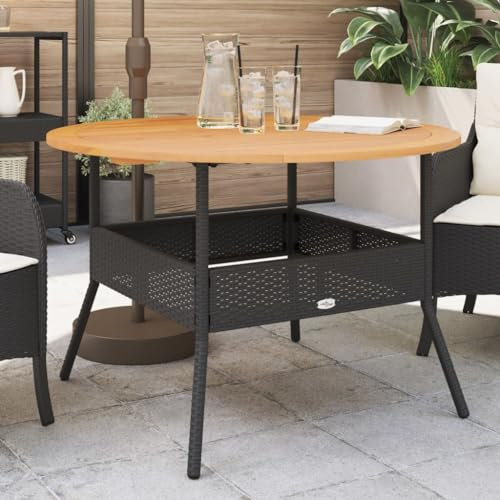 Fasba Gartentisch mit Holzplatte Schwarz Ø110x71 cm Poly Rattan, Esstisch, Terrassentisch