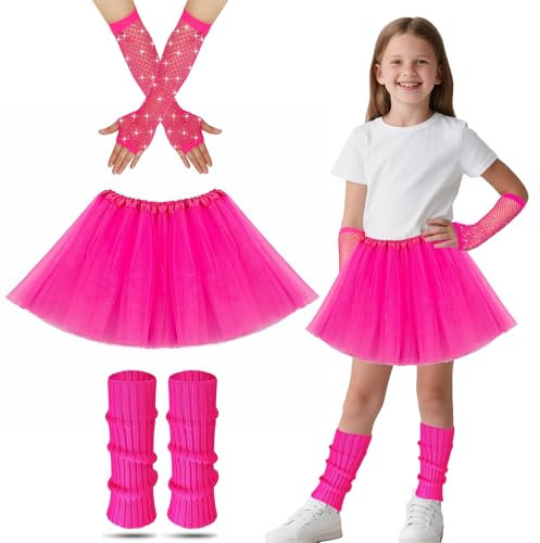 Neon Tutu and Leg Warmers Kids, 80s Fancy Dress for Kids With Pink Leg Warmers Tutu Skirt Neon Fishnet Gloves 80s Fancy Dress 1980s Theme Party Costume Accessories Set for Girls (Pink)