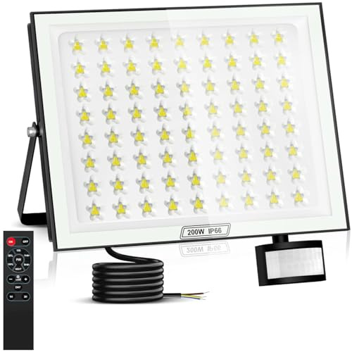 Dibaful Foco LED de 200W con Detector de Movimiento Sensor de Luz y Control Remoto Temporizado Foco Exterior Reflector Regulable Blanco Frío 6500K Resistente al Agua IP66 para Jardín