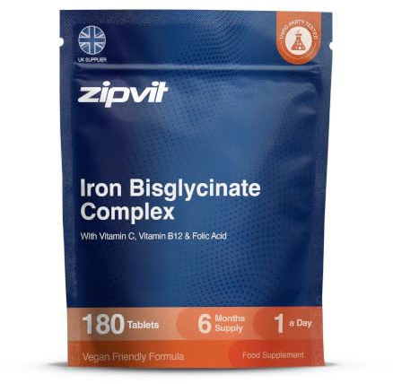 Zipvit Iron Bisglycinate with Vitamin C, B12 & Folic Acid - 6 Months Supply | Easily Absorbed - Iron Supplements For Women & Men - Supports Energy, Immunity & Red Blood Cells - 3rd Party Tested - Vegan