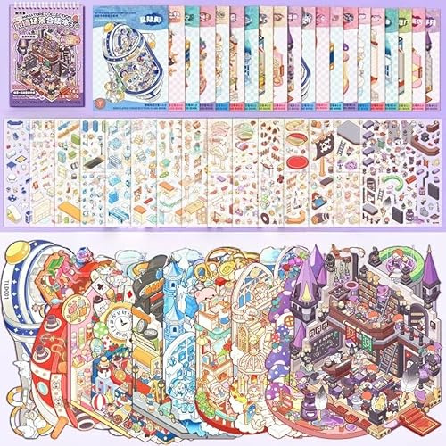 10 Sets 3D Stickers Scenes Books for Kids Gift,Cute Cartoon 3D House Sticker Make Your Own Mini Room Magic College Pirate Ship Paradise Lsland for Adult Therapy Relief Stress Pass The Time
