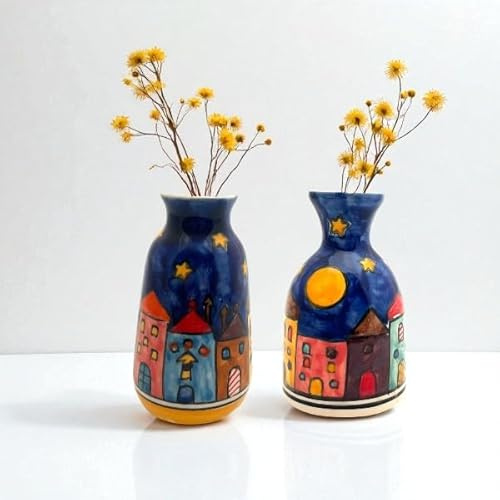 Handbemalte Keramik Minivasen Set, 2 Stück, Dekorative Blumenvasen mit Künstlerischen Mustern, Bunt (New Village)