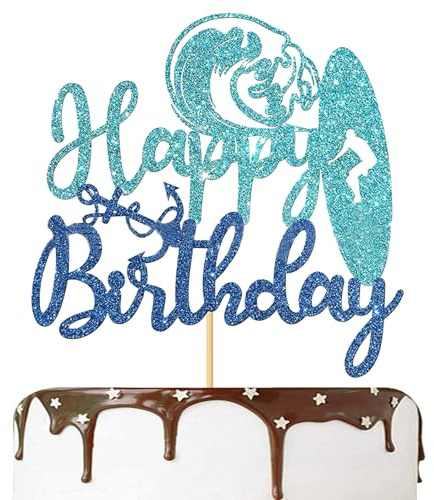 Happy Birthday Cake Topper, Cake Toppers Birthday Personalised, Party Decorations, VGRDTW Surf Theme Blue Glitter Cake Sign Insert Card for Party Decoration - 1 Pack