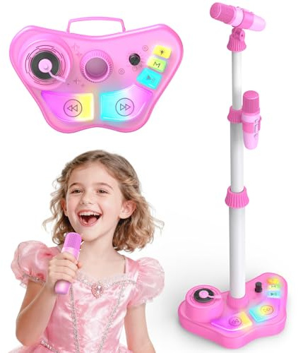 Dislocati Microphone Enfant avec Support Réglable, Micro Double sans Fil, Lights LED Colorées, Bluetooth, Cadeau Jouet Musical pour Filles Garçons 3 Ans et Plus (Rose)