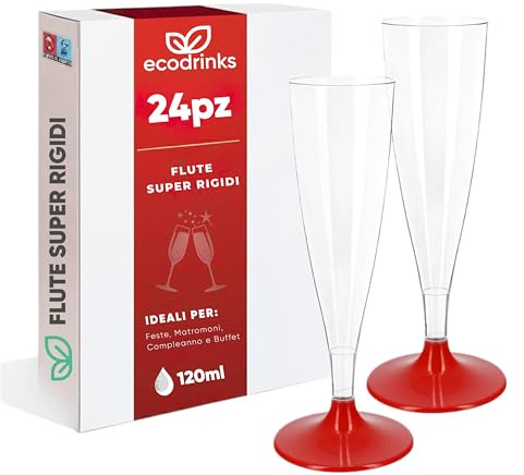 ecodrinks Set 24 Flute Plastica Dura da 120ml, Riutilizzabili, Rossi - Calici Infrangibili con Bordo Arrotondato Comfort-Feel - Eleganti Bicchieri per Prosecco, Champagne e Cocktail