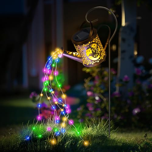 KERNOWO Solar Watering Can Light, 1 Pack Garden Ornaments Outdoor Decorations Watering Can Solar Lights IP65 Waterproof Metal Pathway Lighting with String Lights & Shepherd Hook