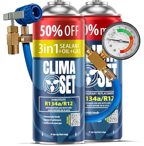 ClimaSet - Recharge de gaz 3 en 1 pour climatisation r134a, Huile, Produit Anti-fuites XL, gaz R134a et Tuyau - Kit de Recharge de Gaz pour Climatisation pour Automobile - 470 g
