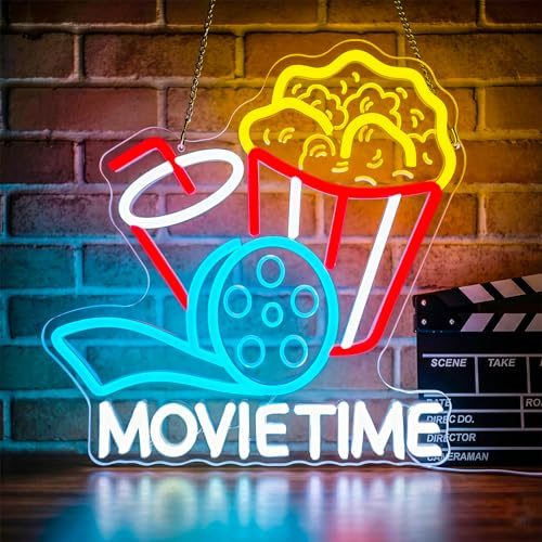 Lxmoneon Movie Time Neon Schild USB Popcorn Kino Neon Schild | dimmbare Drinks LED Leuchtreklame zur Wanddekor,Neonlicht für Kinoabende Heimkino Filmzimmer Männerhöhle Party Geschenk