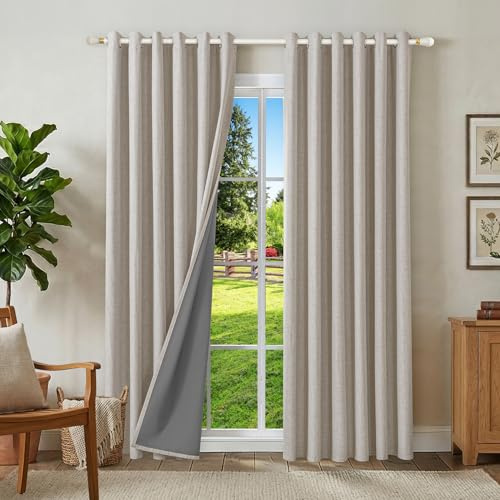 Runyéla 100% Blackout Linen Curtains Eyelet 90 x 108 Inch Drop for Living Room Bedroom Thermal Curtain 2 Panels Greyish White