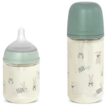 Suavinex, Pack 2 Biberones Vidrio: 120 + 240 ml Flujo Lento/Medio, Verde | Tetina Fisiológica SX Pro Silicona, Válvula Anticolicos, para Leche, Zumos, Agua, Boca Ancha, Bebé +0 Meses, Recién Nacido