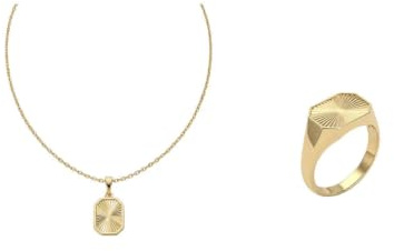 Suzan Gold® 375 Echtgold Schmuckset Damen Ring Halskette Sonnenschliff Platte elegant wasserfest nickelfrei Geschenk Set Crucelle Sun Signet hochwertig