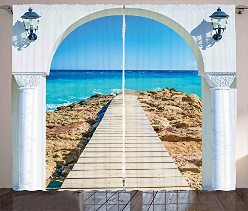 ABAKUHAUS Küsten Rustikaler Gardine, Meer mit einem Quay Coast, Schlafzimmer Kräuselband Vorhang mit Schlaufen und Haken, 280 x 225 cm, Creme Aqua