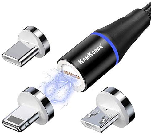 KamKorda 3 in 1 Magnetic Charging Cable – 2m Nylon Braided USB Charger, Lightning, USB C & Micro USB Connectors, Fast Charging Phone Charger, LED Magnetic Charger Cable