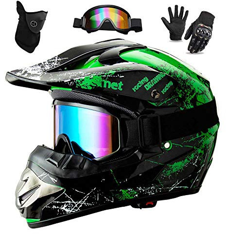 Casco da Motocross Set con Occhiali Guanti Face Mask , per bambini e adulti, casco da motociclista AVT MX integrale per Downhill Offroad Enduro Scooter Sport (verde,S)