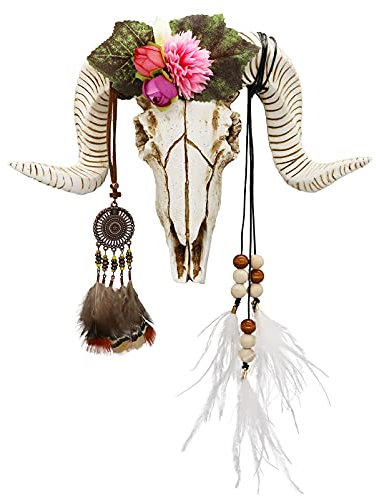 alikiki Animal skull head decor - 3D DIY Flower sheep head Wall Hanging - Boho Chic Decor Faux Taxidermy Ram Sheep head wall mount w/Dreamcatcher Feather for Bedroom Living Room 21pcs