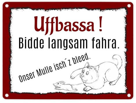 Aufpassen und langsam fahren - unsere Katze ist zu blöd Metallschild in 15x20 cm auf schwäbisch für Katzenliebhaber als Geburtstagsgeschenk