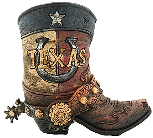 Cowboy-Stiefel-Figur mit Texas-Flagge, 10,8 cm hoch, tolles Geschenk für Texaner, Zuhause, Büro oder Wohnheim, Glücksbringer-Hufeisenmotiv, Kunstharz-Statue mit Leder und metallischen Details