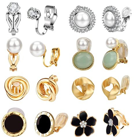 Defrsk 8 Pairs Clip-On Earrings for Women - Non-Pierced Rose Flower CZ Simulated Freshwater Pearl Twist Knot Hypoallergenic Jewelry for Girls