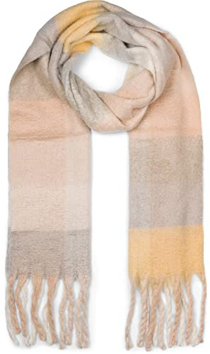styleBREAKER Damen Web Strickschal mit buntem Karo Muster und langen dicken Fransen, warmer Winter, Stola 01017138, Farbe:Grau-Gelb-Beige