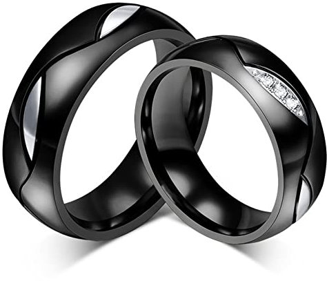 ANAZOZ 2 Stück Ringe Schwarz Partner Partnerring Paar für Damen Herren Edelstahl Welle Twisted Augen Zweigen Blätter Konkav Gewölbt Zirkonia Personalisiert Gravur