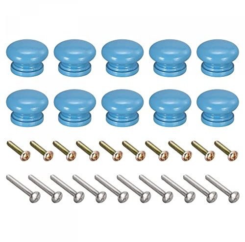 sourcing map Round Wood Knobs, 10pcs 33x23mm Pull Handles for Drawer with Screws Blue
