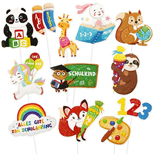 24 Stück Einschulung Tortendeko Tiere Cupcake Topper im Niedlichem Wachsmalstift-Stil - Einschulung Muffin Deko für Jungen und Mädchen - zum 1. Schultag, Schulkind, Schulanfang, Schuleinführung usw.