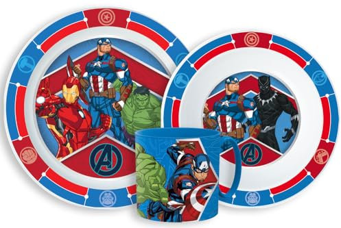 Microwave Safe 3pcs Cartoon Character Dinner Tableware Set Plate, Bowl & Mug, BPA Free re-usable Plastic (Avengers)