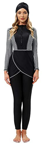 Muslimische Bademode Badeanzüge für Frauen, Burkini Damen Muslim, Langarm Top+Hosen+Hijab 3 Stücke Set Ganzkörper Badeanzug Floral Badebekleidung Rashguard Bademode Sets schwarz-weiß kariert L