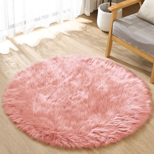 ORINOVA Tapis Rond Rose 120 cm Fausse Fourrure Chambre Petit Shaggy Moumoute Poil Long Doux Salon Fille Ado Fluffy