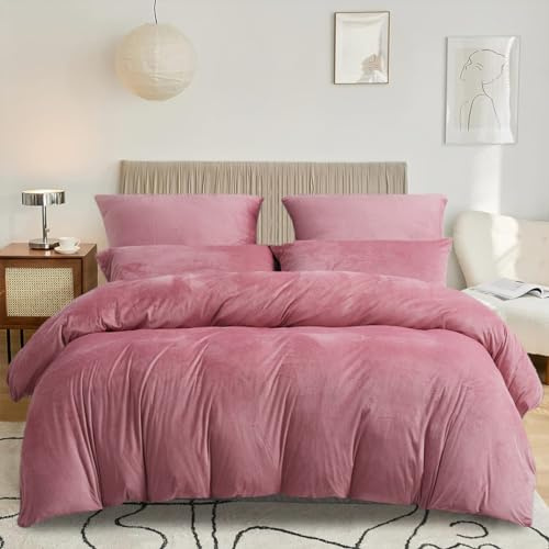 DXHOME Flanell Winter Bettwäsche 135x200cm Plüsch Bettwäsche Kuschelig Rosa Altrosa Winterbettwäsche Warme Microfaser Wendebettwäsche Bettbezug mit Reißverschluss + 1 Kissenbezug 80x80 cm