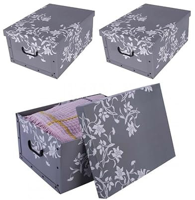 Kreher 3 Stück XL 45 Liter Deko-Kartons, Ordnungsboxen, Stapelboxen mit Deckel und Griffe, 51 x 37 x 24 cm (Barock Blume Grau)