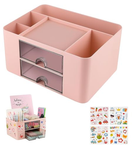 OFFCUP Desk Organiser with Drawer, Plastic Table Organiser, Office Desk Supplies Organizer Desktop Stationary Storage Pen Holder with 7 Grids for School Office Home (Pink)