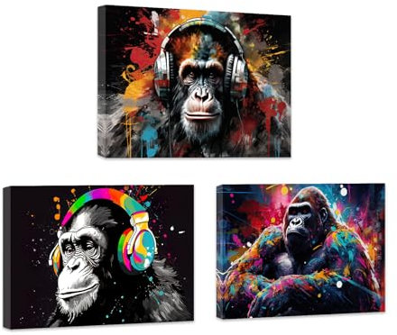 ZXHYWYM Affenbilder Wanddekoration lustige coole Affen Gorilla Leinwanddrucke Gorilla mit Kopfhörern Gemälde fröhliche Musik Tierkunstwerk mit Rahmen (A (28x35cmx3))