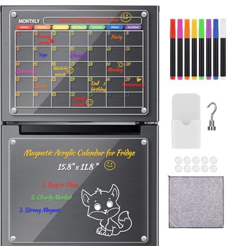 blayram, 2er-Set Acryl-Magnet-Kühlschrankkalender, transparente Monats- und leere Memo-Planertafel für Kühlschrank, nass/trocken abwischbarer Acryl-Kalender für Kühlschrank mit 8-Farben-Stift, wiederv