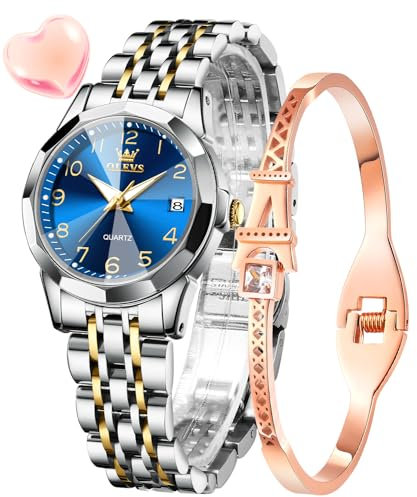 OLEVS Damenuhren Gold Silber Leicht Ablesbare Ziffern Diamant Uhren Damen Japan Analog Quartz Wasserdicht Leuchtend Datum Armbanduhr Geschenk Set