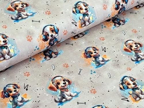 Eigenproduktion Baumwolljersey Music Hund auf Beige Stoff Meterware Kleiderstoff Kinderstoff Wauwau Kopfhörer