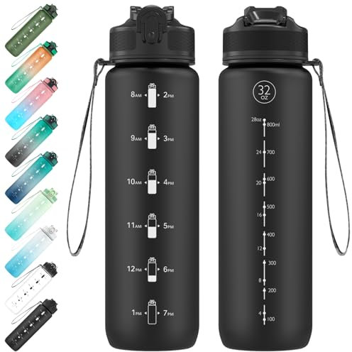 EYQ 1L Water Bottle, 1 Litre Water Bottle with Straw, 32oz Leak-Proof Motivational Sports Drinks Bottle with Time Marker, Tritan BPA-Free, Drinking Waterbottles for Fitness, School, Gym Outdoor Sports
