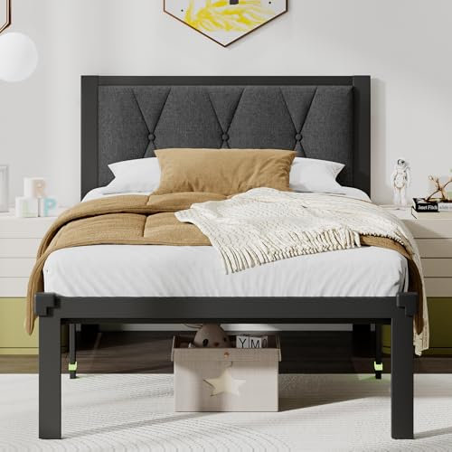 Einhomn Doppelbettrahmen aus Metall, Plattformbett mit gepolstertem Knopf, getuftetes Kopfteil, 30,5 cm Unterbettaufbewahrung, Stahllattenstütze, kein Boxspringbett erforderlich, einfache Montage,
