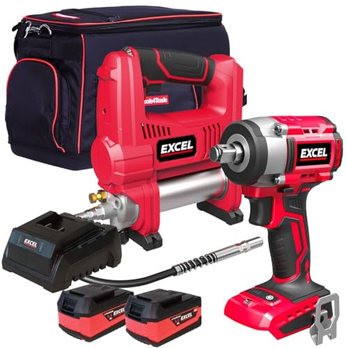 Excel 18V Twin Pack Impact Wrench & Grease Gun with 2 x 5.0Ah Battery & Charger - Power Tool -Twin Kit -18V Cordless Power Tool Kits-Cordless Kit -Combo Kit-Mega Power Tool-Excel Kit